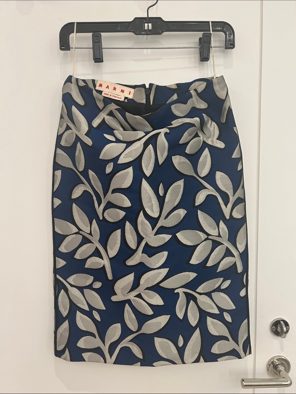 Marni Navy Pencil Skirt with Silver Leaf Jacquard